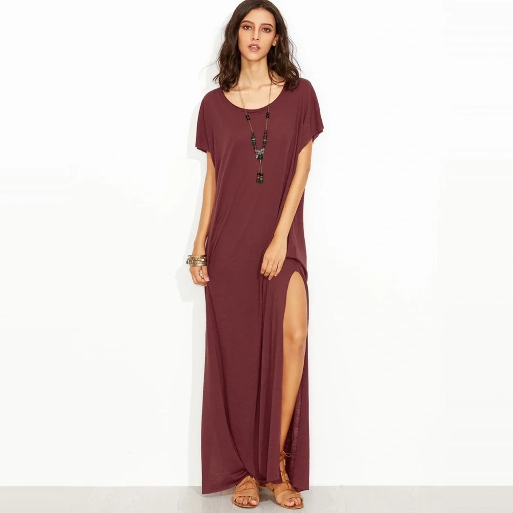 Loose Side Slits Burnout Knit Maxi Dress Burgundy - Picture 1 of 7